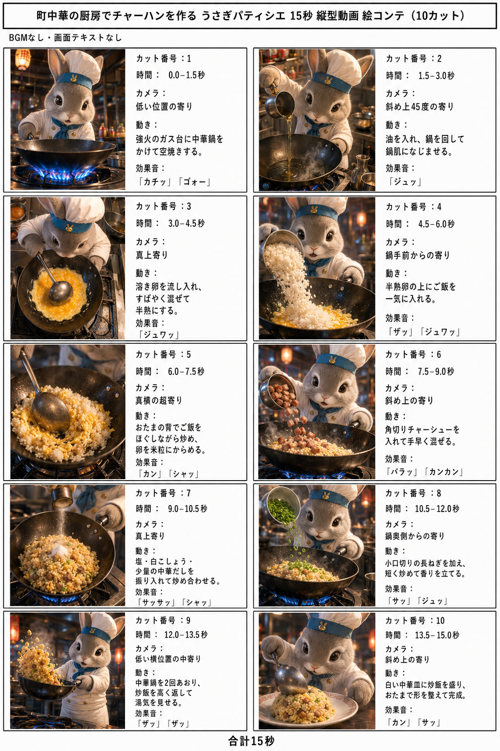 町中華の厨房でチャーハンを作るうさぎパティシエの10カット・15秒ストーリーボード