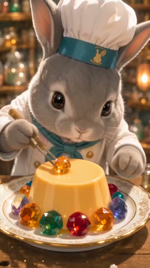プリンに宝石ゼリーを飾り付けるうさぎパティシエ