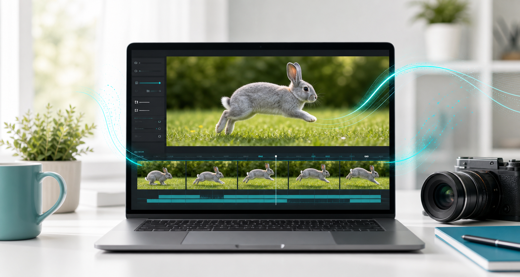 AI動画生成レビューのイメージ。動画編集画面と芝生の上のうさぎのプレビュー